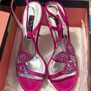 Nina Fuchsia Satin Heels with Rhinestone Accents